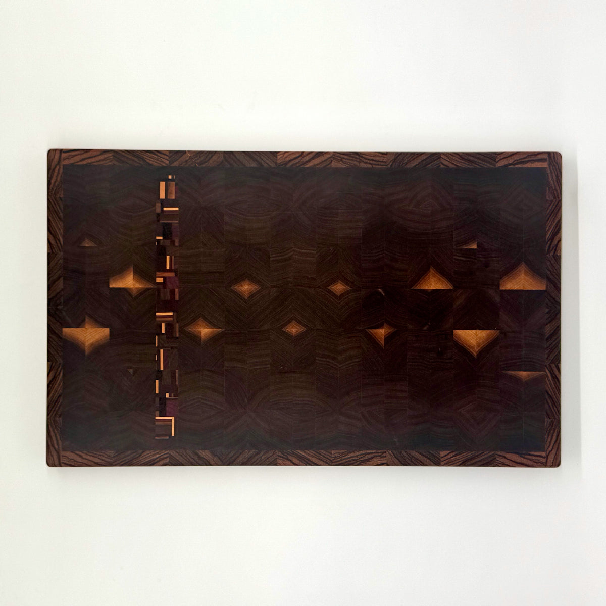 Bluegrass Noir | Black Walnutdf w/Chaos Strip, Zebrawood Border End Grain Cutting and Serving Board