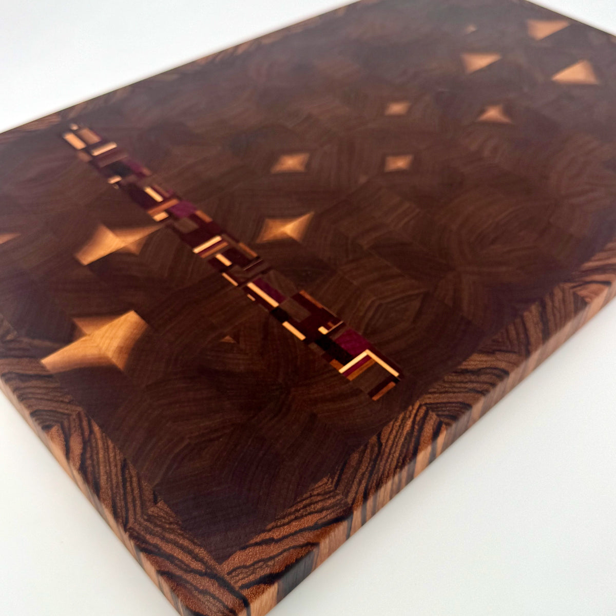 Bluegrass Noir | Black Walnutdf w/Chaos Strip, Zebrawood Border End Grain Cutting and Serving Board