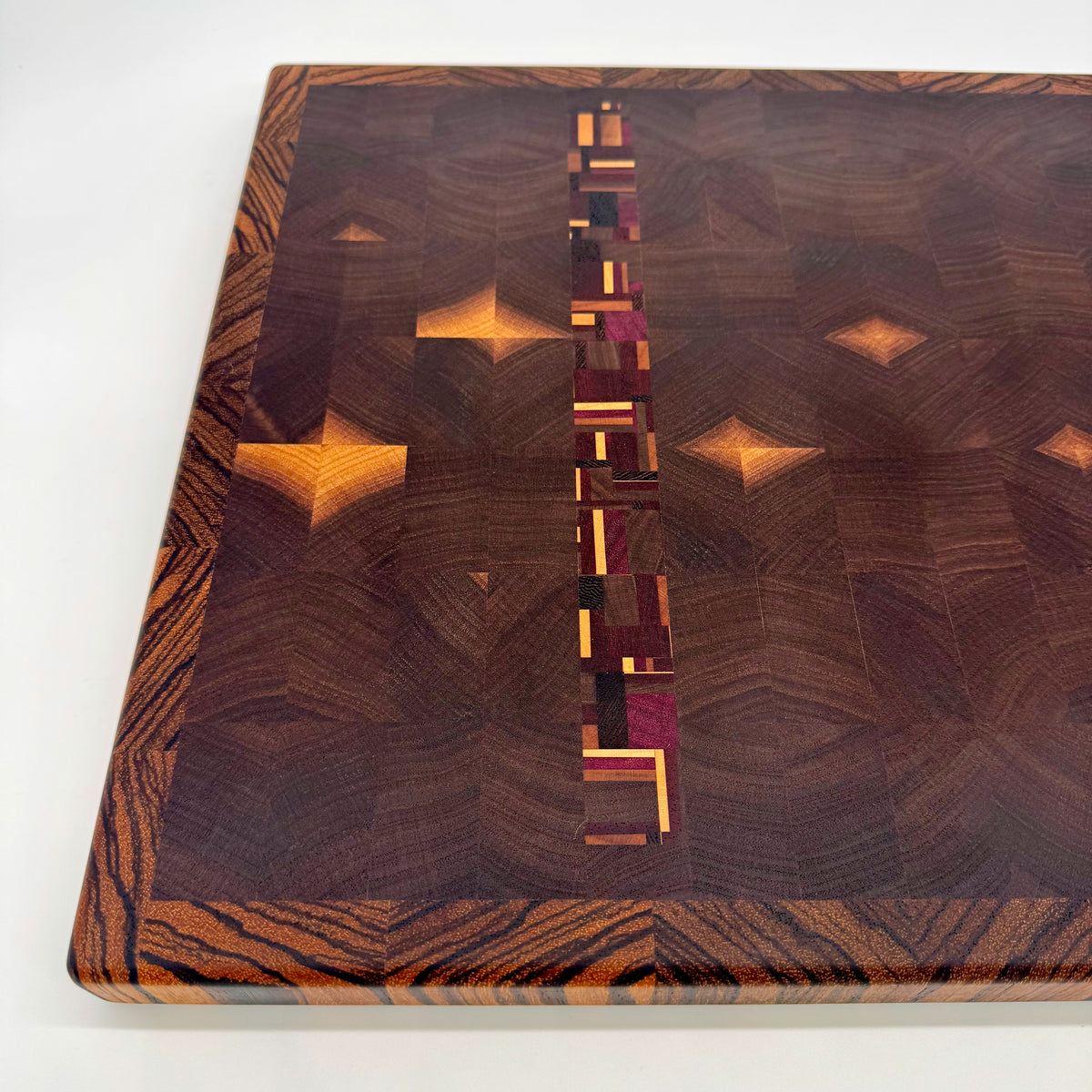 Bluegrass Noir | Black Walnutdf w/Chaos Strip, Zebrawood Border End Grain Cutting and Serving Board