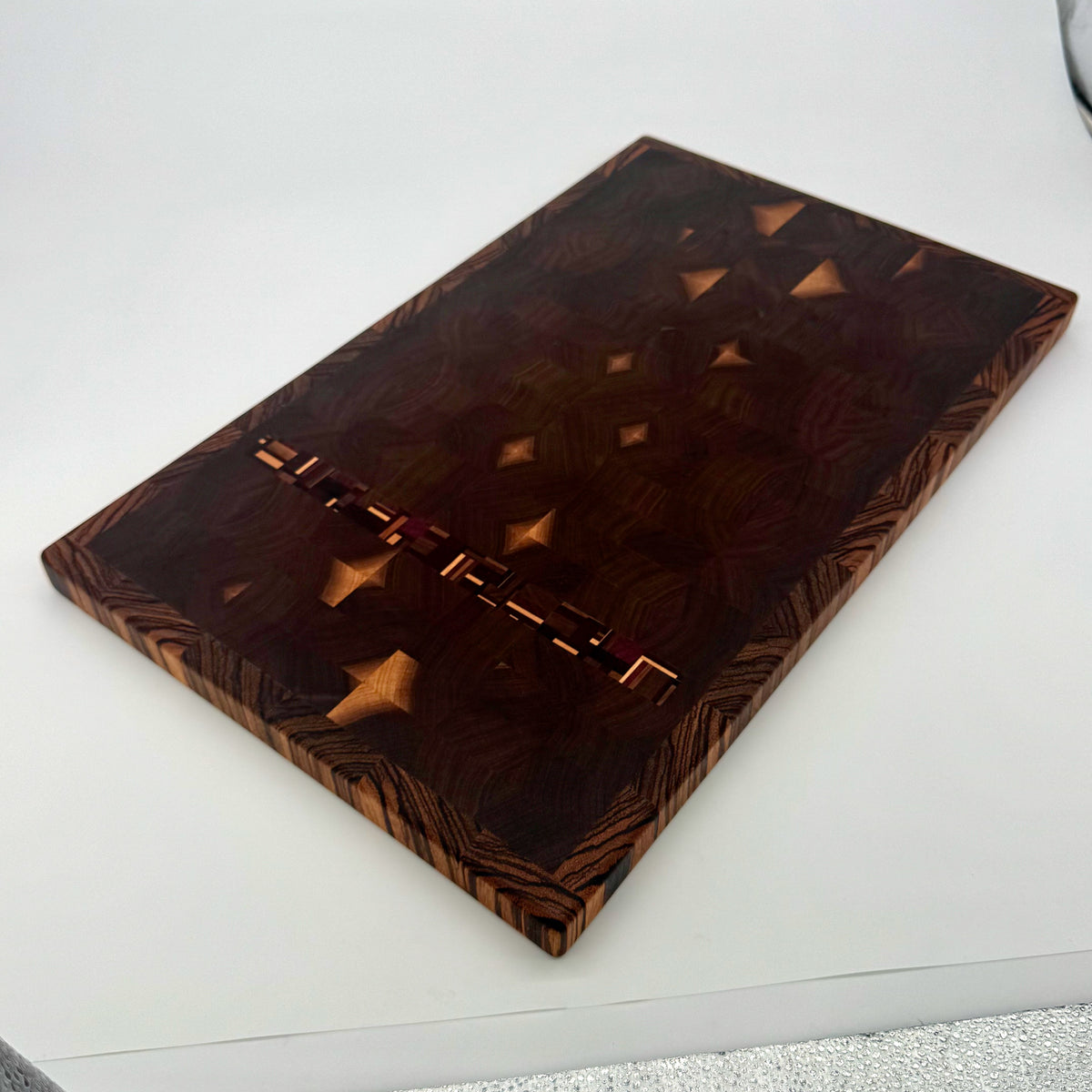 Bluegrass Noir | Black Walnutdf w/Chaos Strip, Zebrawood Border End Grain Cutting and Serving Board