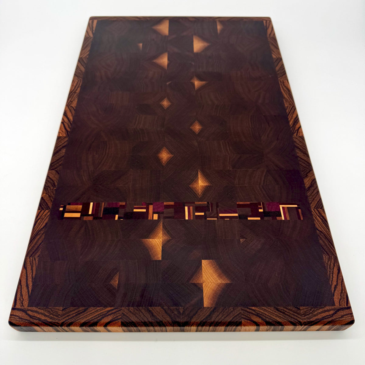 Bluegrass Noir | Black Walnutdf w/Chaos Strip, Zebrawood Border End Grain Cutting and Serving Board