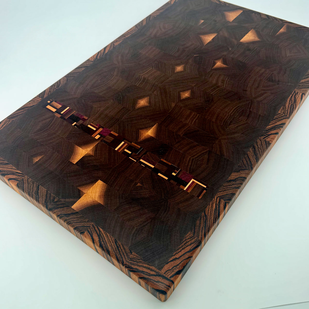 Bluegrass Noir | Black Walnutdf w/Chaos Strip, Zebrawood Border End Grain Cutting and Serving Board