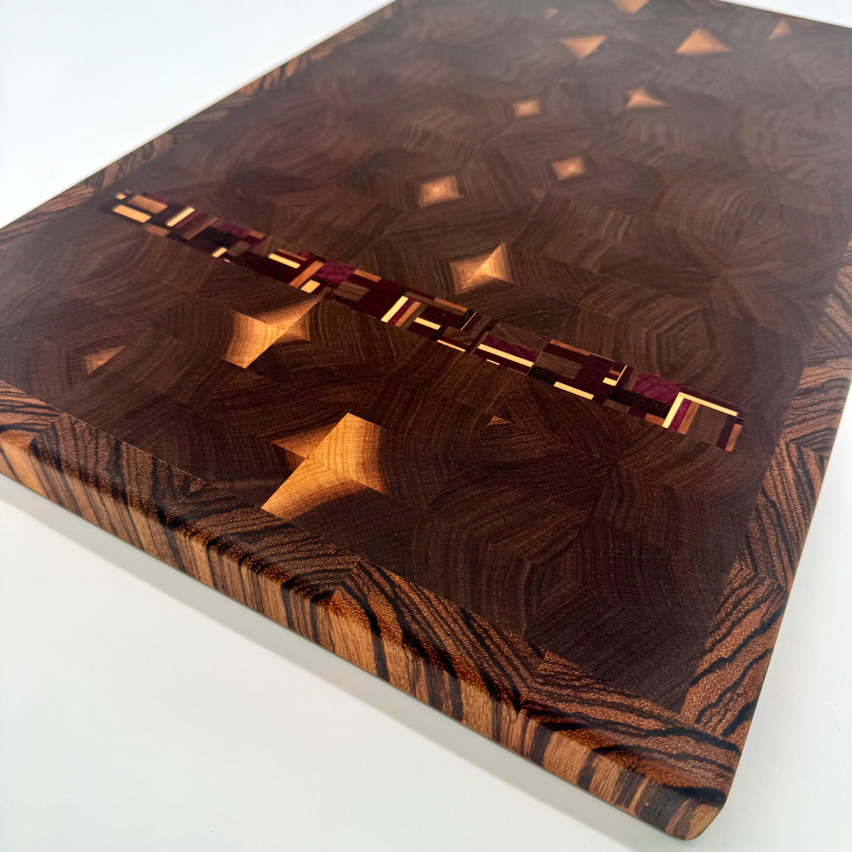 Bluegrass Noir | Black Walnutdf w/Chaos Strip, Zebrawood Border End Grain Cutting and Serving Board