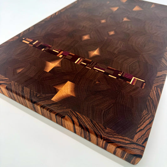 Bluegrass Noir | Black Walnutdf w/Chaos Strip, Zebrawood Border End Grain Cutting and Serving Board
