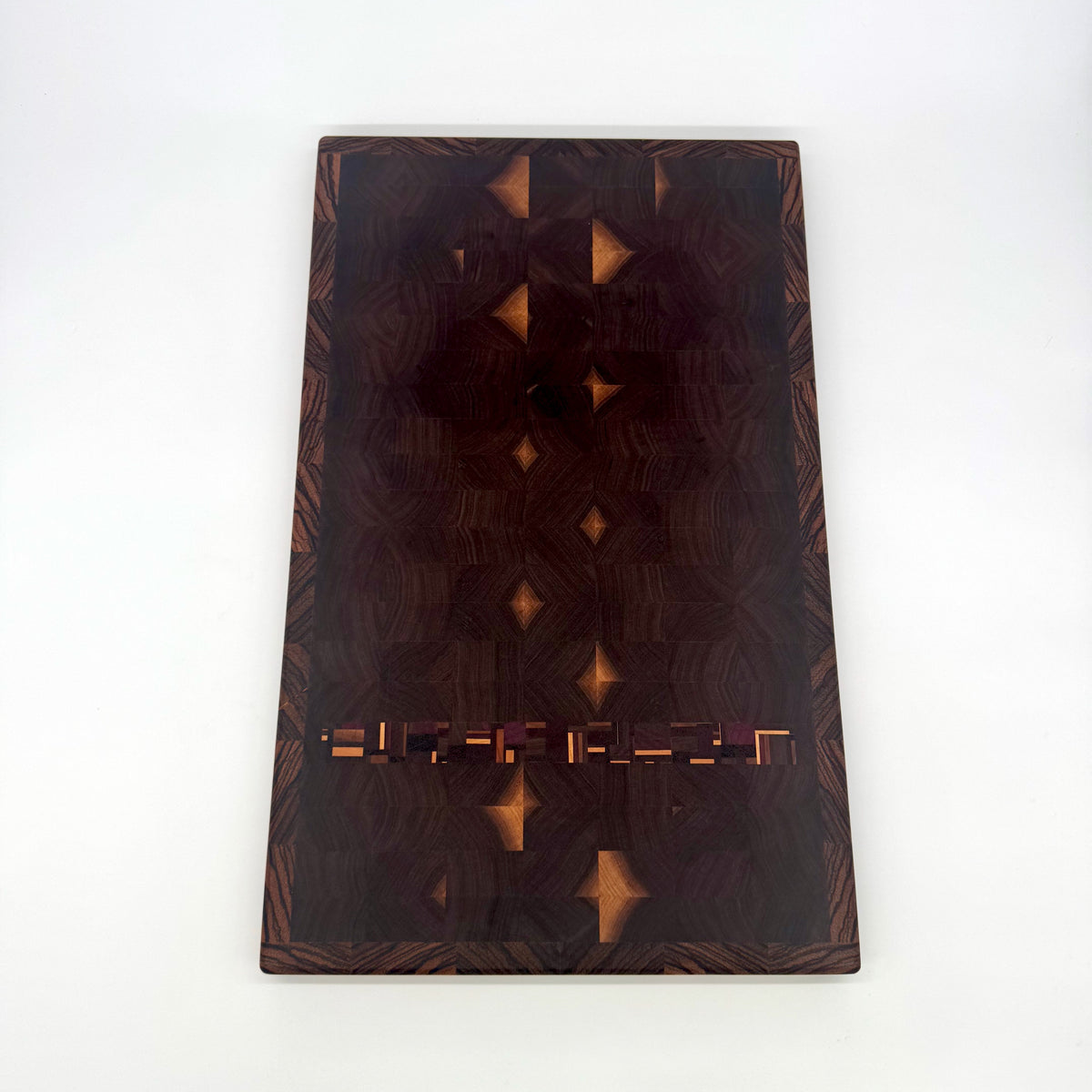 Bluegrass Noir | Black Walnutdf w/Chaos Strip, Zebrawood Border End Grain Cutting and Serving Board